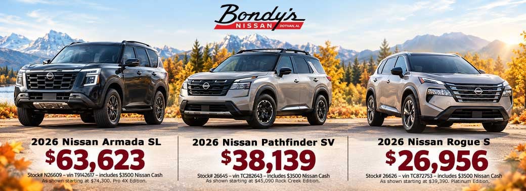 Nissan Armada on sale. Discounted Nissan Pathfinder. Rogue